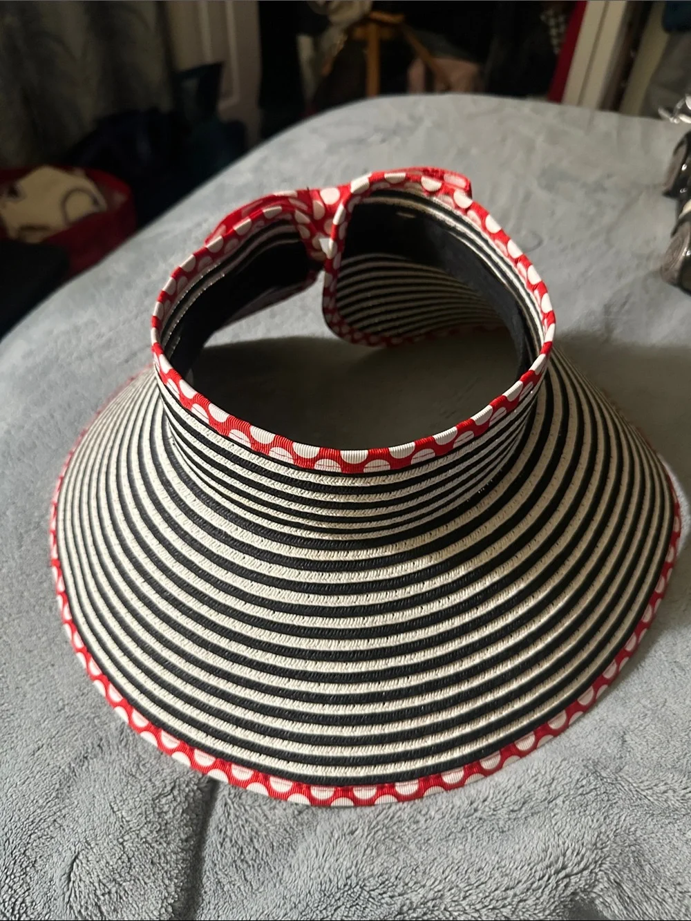 Disney Black and White Striped Visor with Red Polka Trim